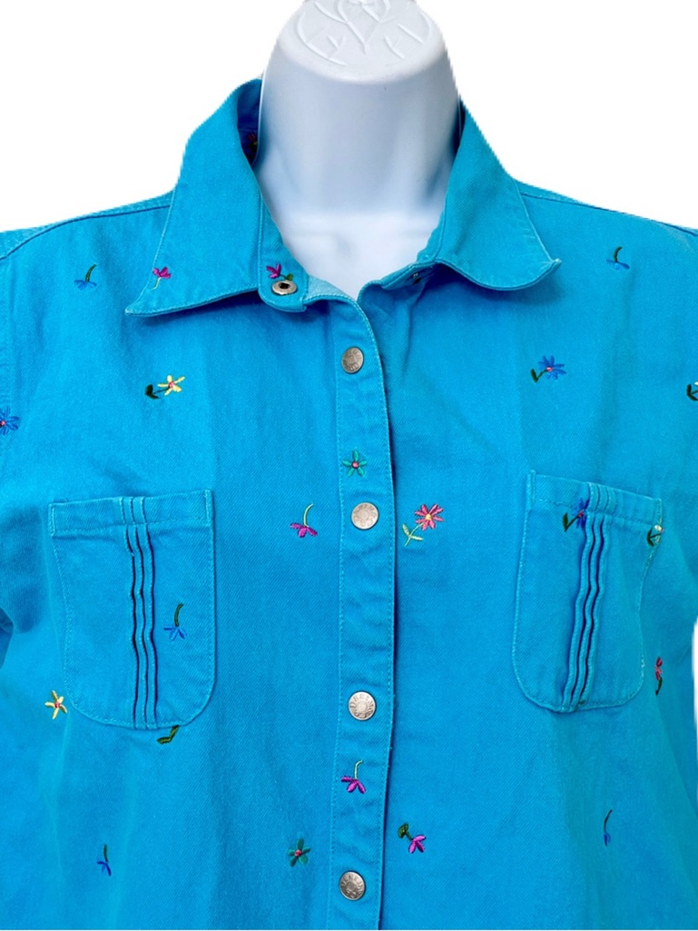 Vintage 90s Denim & Co. Turquoise Blue Denim Floral Embroidered Dress, Size M - Picture 4 of 6
